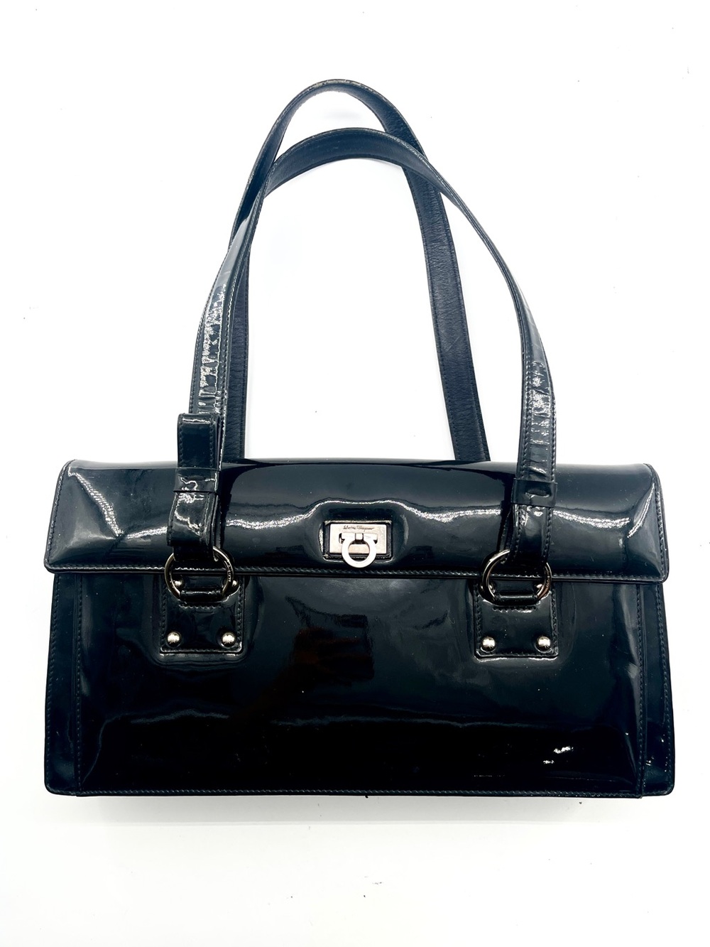 Salvatore Ferragamo Black Patent Leather Shoulder Bag